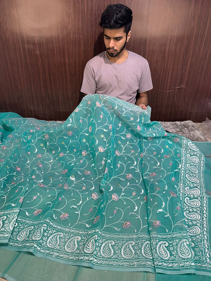 Pastel Seagreen Designer Chikankari Organza Banarasi Saree