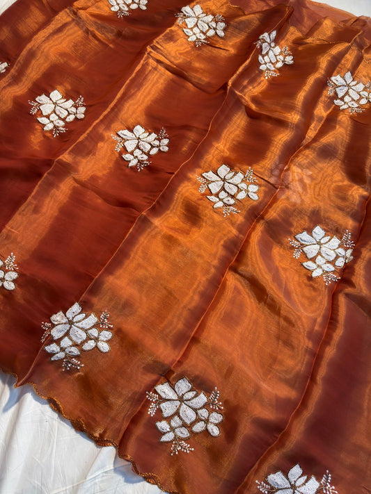 Rust Brown Shimmery Tissue Designer Saree with Sequence Buta