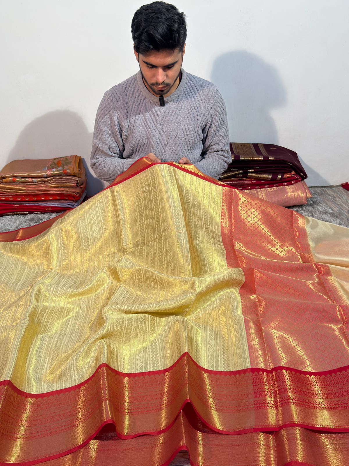Cream with Red Premium Kanjivaram Brocade Tissue Silk Banarasi Saree