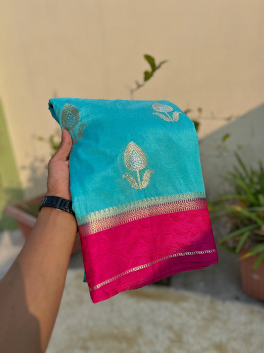 Firozi with Rani Pink Bridal Warm Silk Banarasi Saree