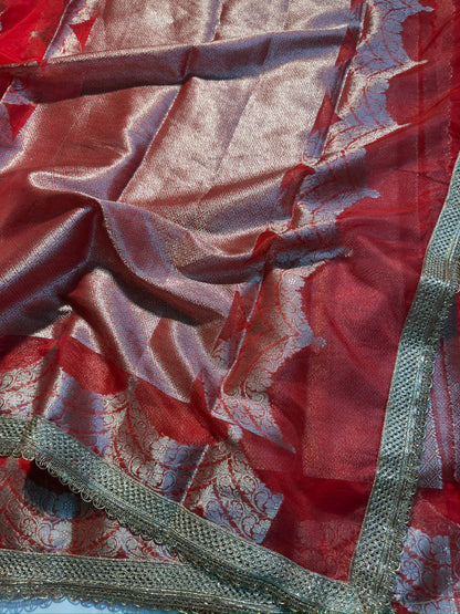 Beautiful Red Organza Silk Banarasi Saree with Premium Lace