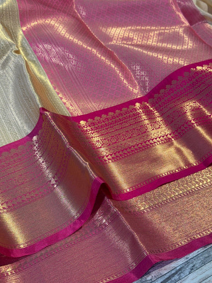 Cream with Pink Premium Kanjivaram Brocade Tissue Silk Banarasi Saree