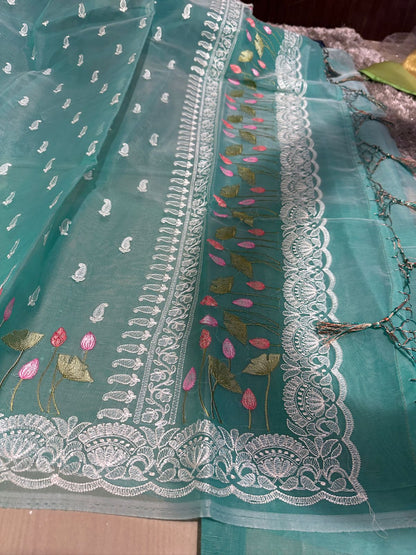 Pastel Seagreen Designer Chikankari Organza Banarasi Saree