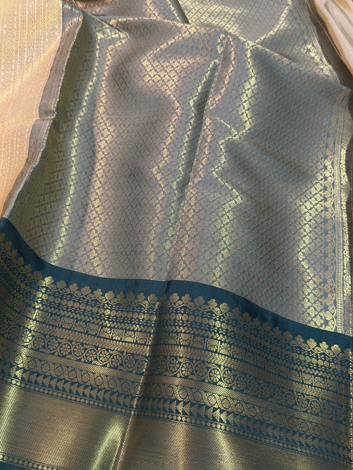 Cream with Green Kanjeevaram Brocade Tissue Silk Saree