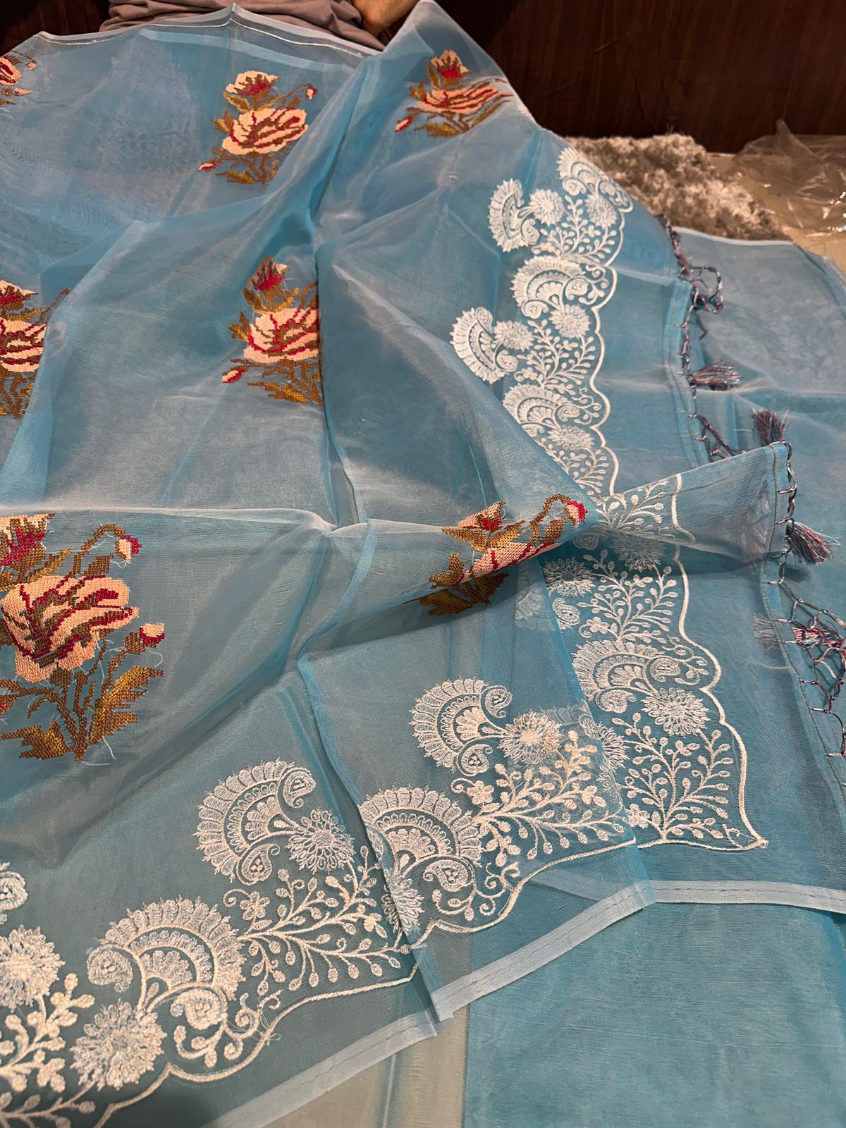 Pastel Firozi Designer Chikankari Organza Banarasi Saree