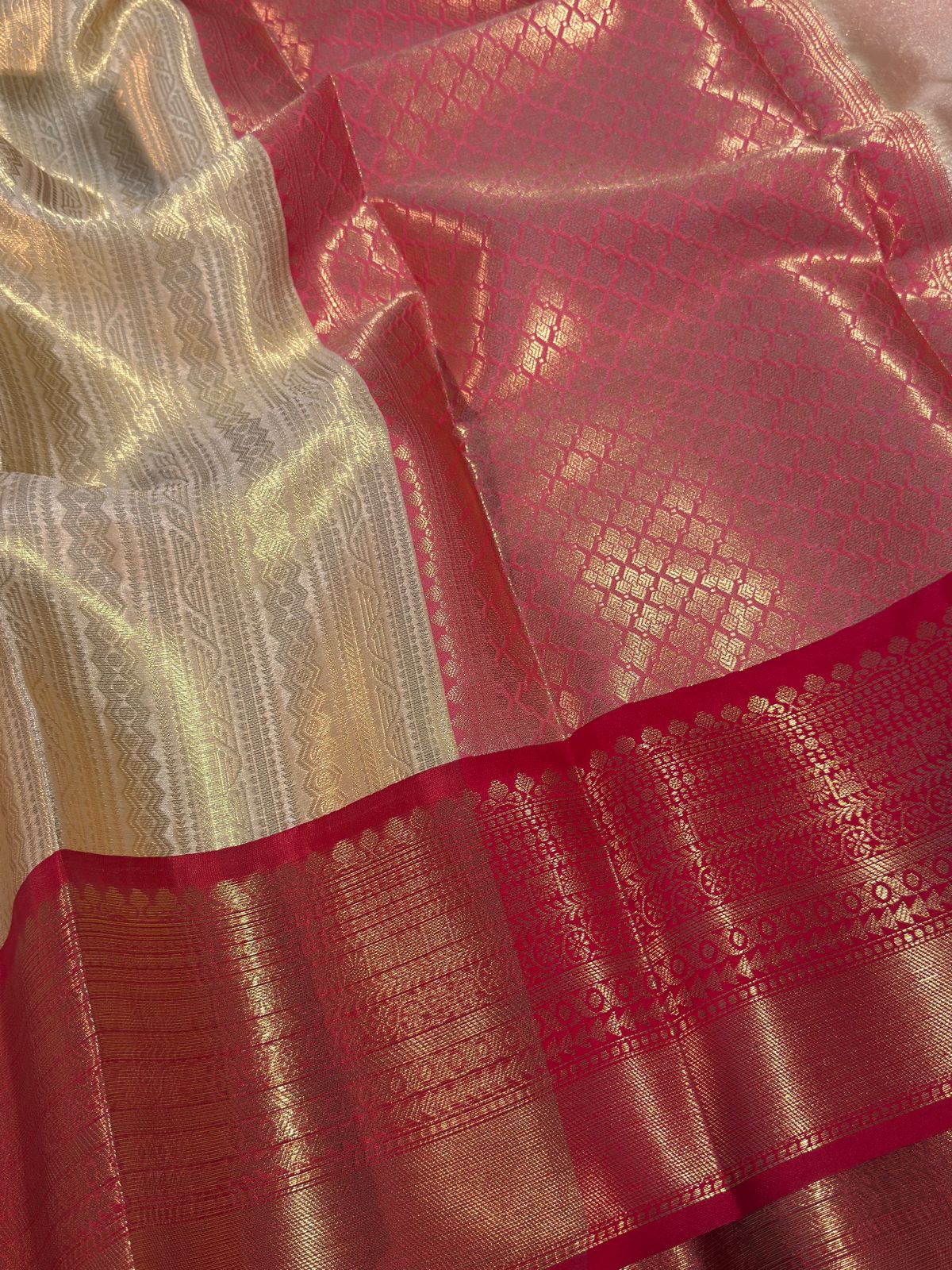 Cream with Red Premium Kanjivaram Brocade Tissue Silk Banarasi Saree