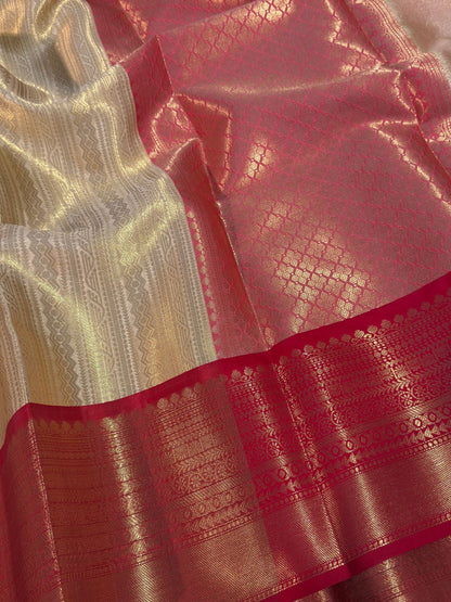 Cream with Red Premium Kanjivaram Brocade Tissue Silk Banarasi Saree