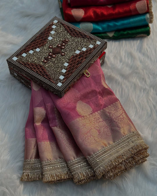Mauve Pink Bridal Tissue Silk Banarasi Saree with Premium Lace