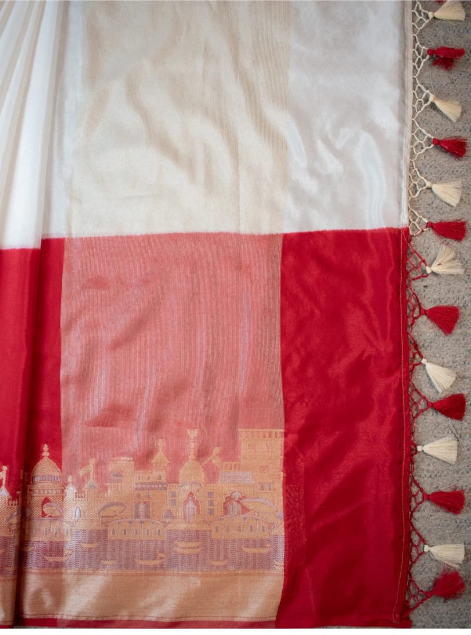 Pretty Cream and Red Bridal Warm Silk Banarasi Ghat Saree