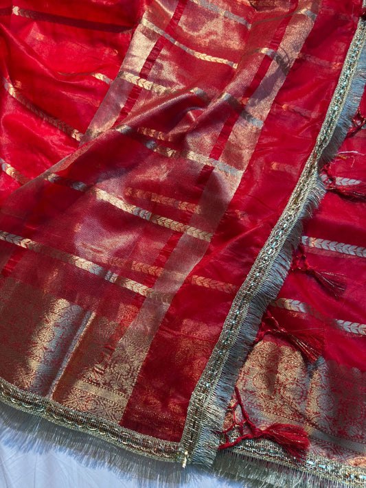 Bridal Red Organza Silk Banarasi Saree with Premium Lace