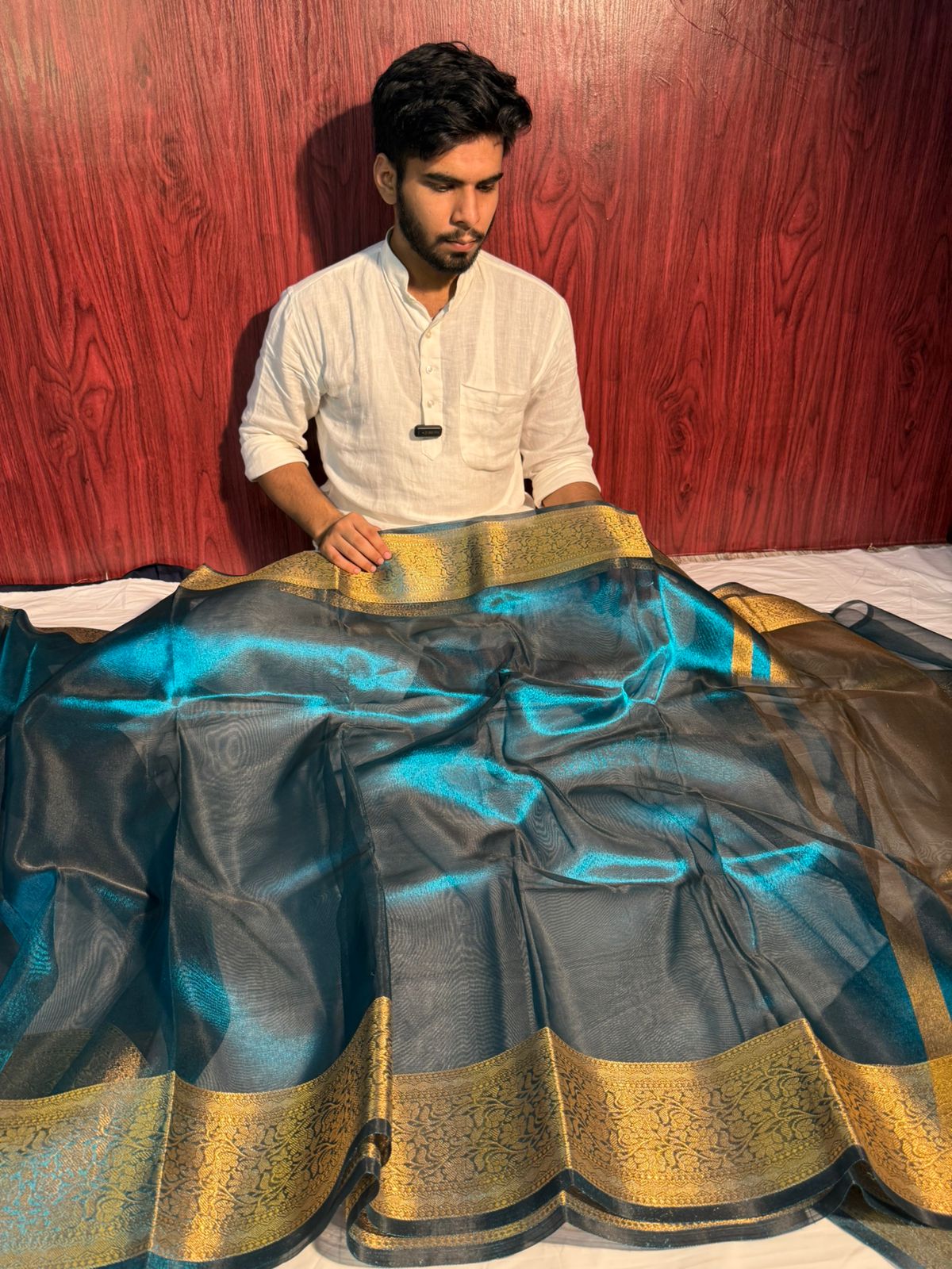 Metallic Blue Premium Banarasi Tissue Silk Saree with Traditional Weave Borders