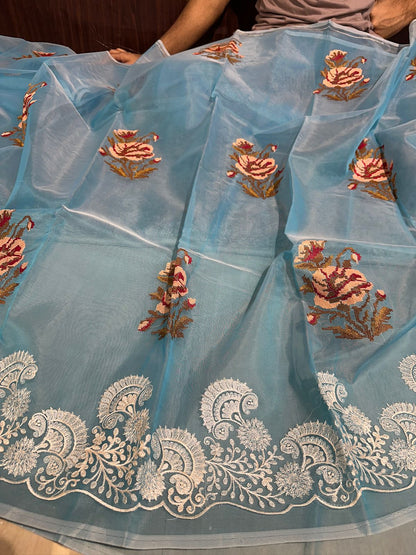 Pastel Firozi Designer Chikankari Organza Banarasi Saree