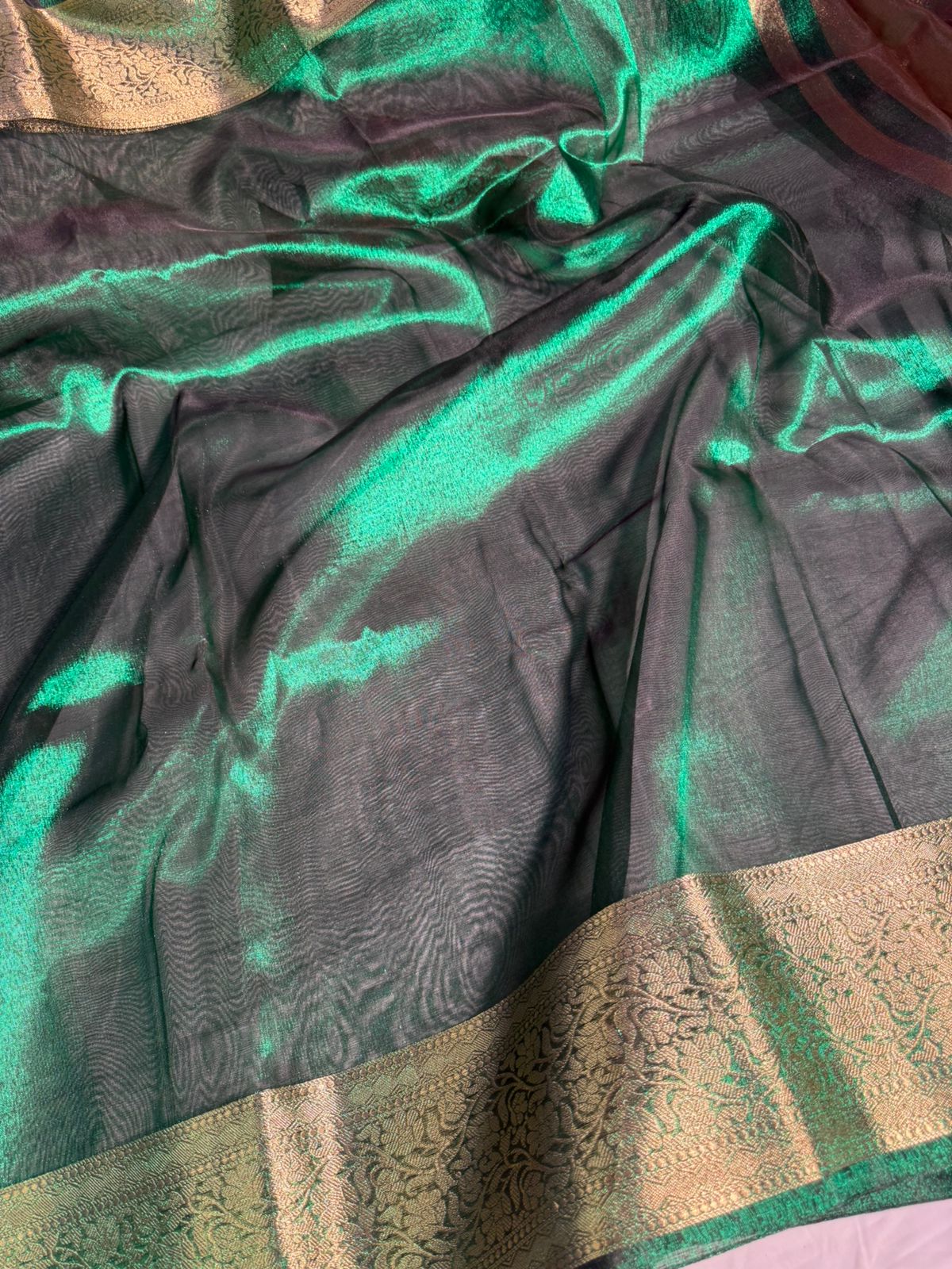 Metallic Green Premium Tissue Silk Saree with Traditional Weave Borders