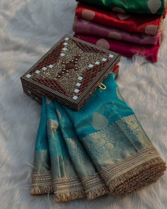 Metallic Firozi Bridal Tissue Silk Banarasi Saree with Premium Lace