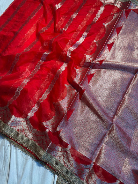 Beautiful Red Organza Silk Banarasi Saree with Premium Lace