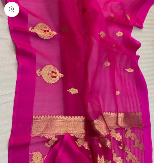 Rani Pink Meenakari Organza Silk Banarasi Saree
