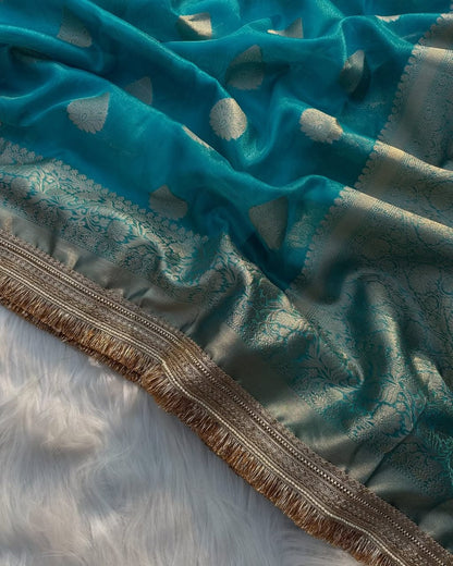 Metallic Firozi Bridal Tissue Silk Banarasi Saree with Premium Lace