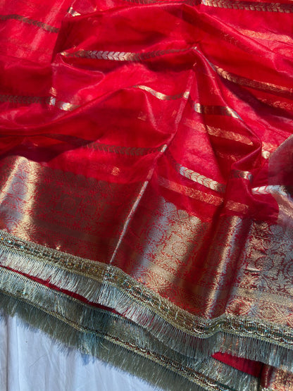 Bridal Red Organza Silk Banarasi Saree with Premium Lace