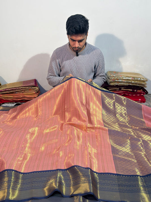 Pink with Blue Premium Kanjivaram Brocade Tissue Silk Banarasi Saree