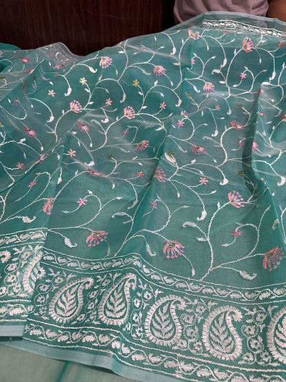Pastel Seagreen Designer Chikankari Organza Banarasi Saree