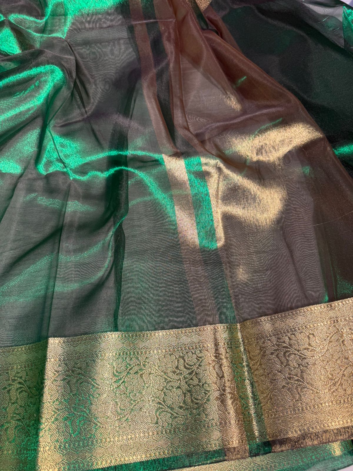 Metallic Green Premium Tissue Silk Saree with Traditional Weave Borders