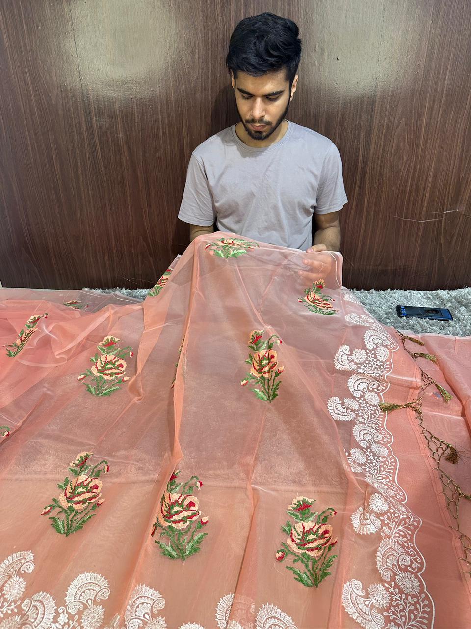 Pastel Peach Designer Chikankari Organza Banarasi Saree