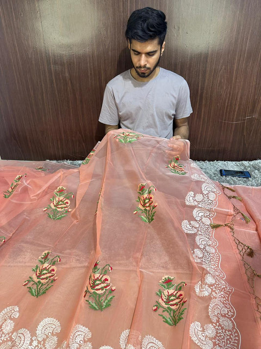 Pastel Peach Designer Chikankari Organza Banarasi Saree