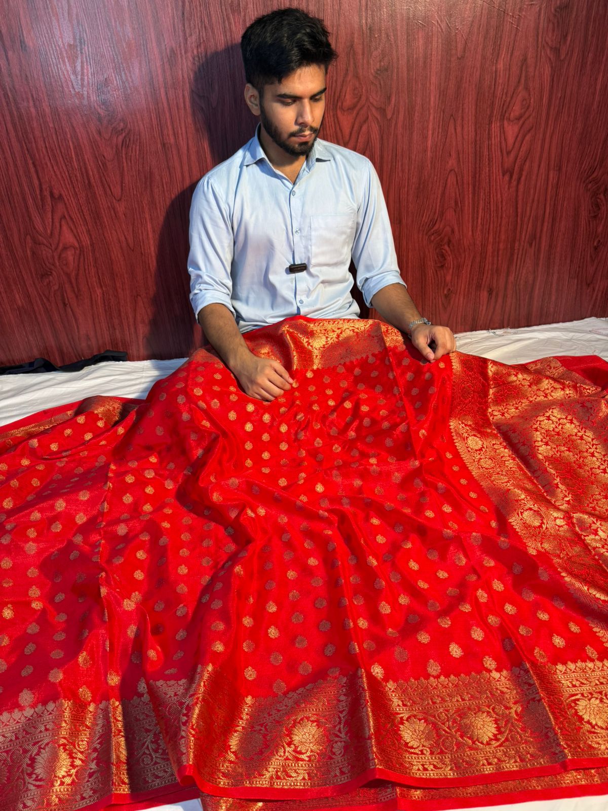 Red Premium Georgette Silk Banarasi with Zari Buti Weave