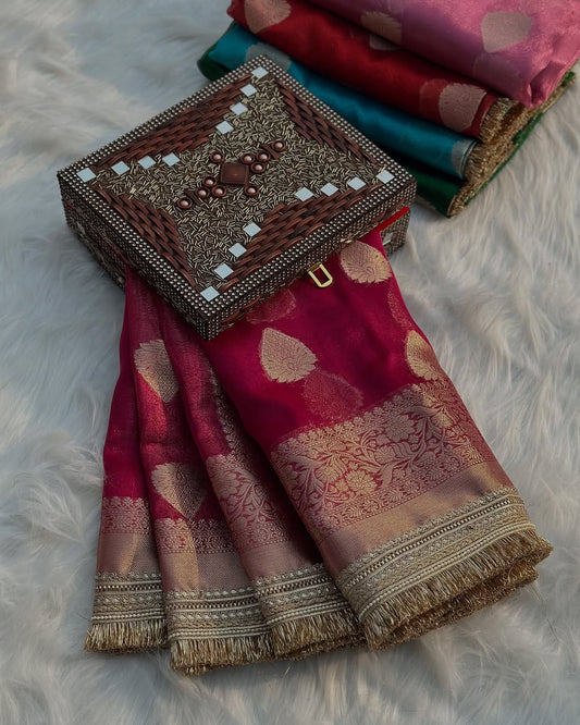 Metallic Rani Pink Bridal Tissue Silk Banarasi Saree with Premium Lace