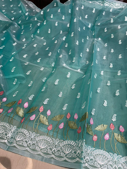Pastel Seagreen Designer Chikankari Organza Banarasi Saree