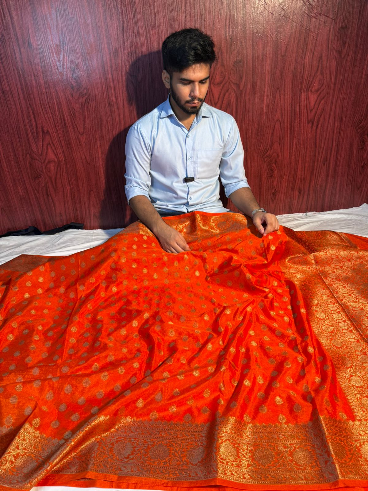 Orange Georgette Silk Zari Buti Banarasi Saree