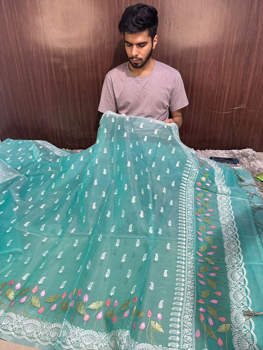 Pastel Seagreen Designer Chikankari Organza Banarasi Saree