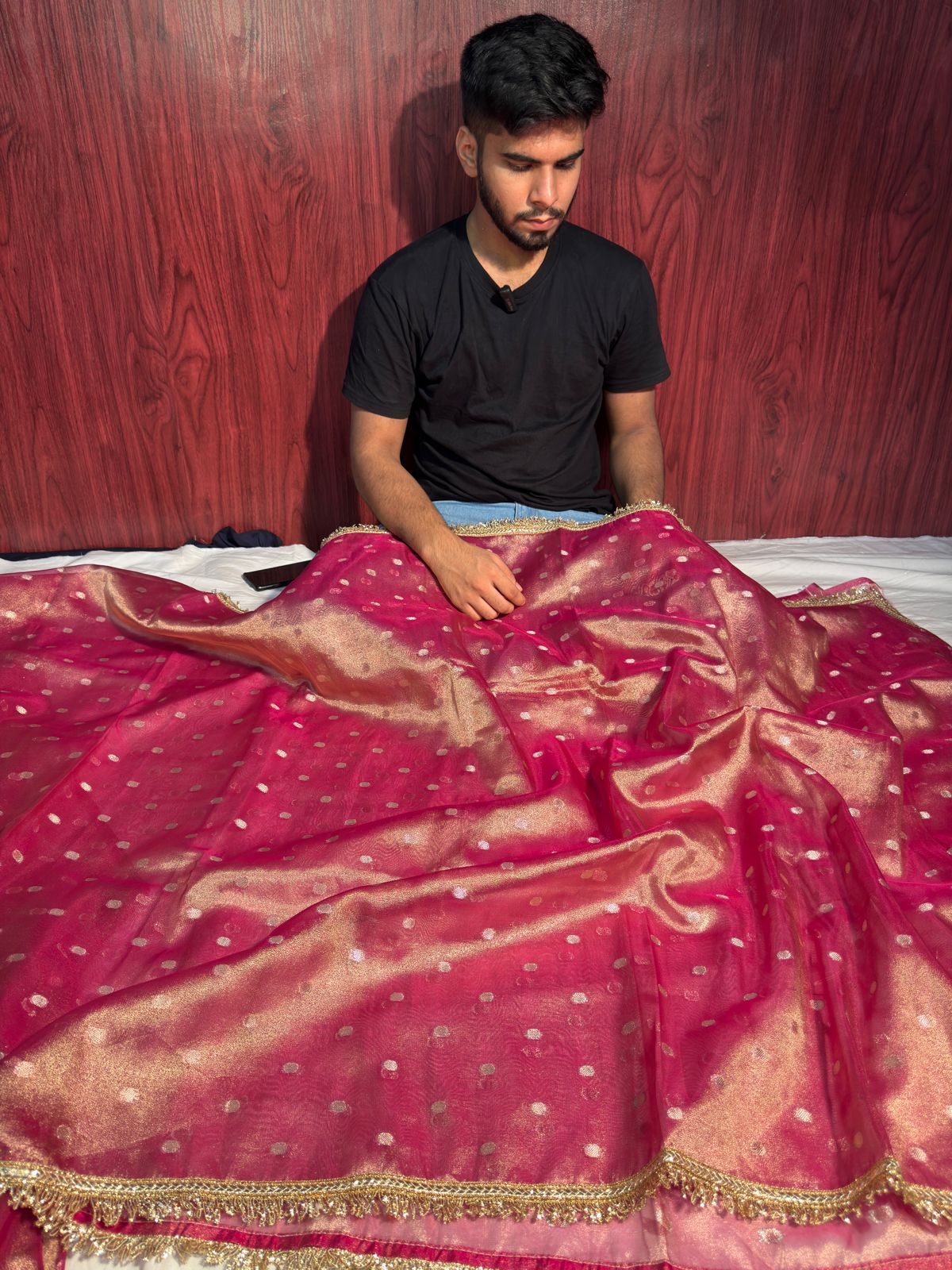 Metallic Pink Zari Buti Weave Tissue Silk Saree with Premium Lace