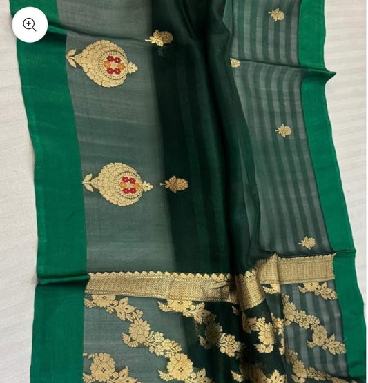 Bottlegreen Meenakari Weave Organza Silk Banarasi Saree