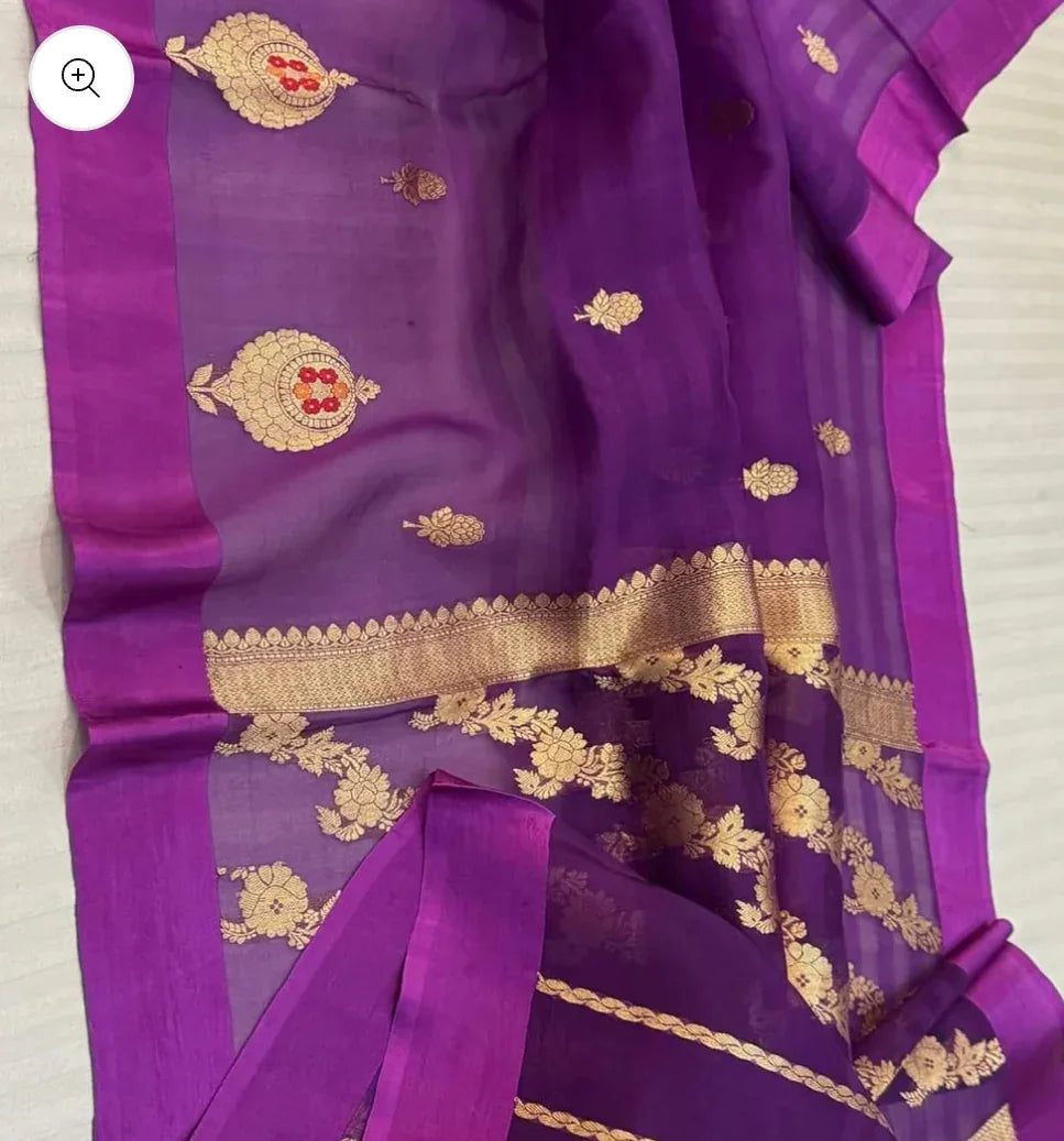Brinjal Violet Meenakari Organza Silk Banarasi Saree