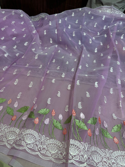 Pastel Lavendar Designer Chikankari Organza Banarasi Saree