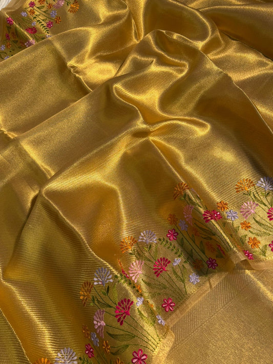 Premium Banarasi Tissue Silk Designer Saree with Multi Floral Embroidery