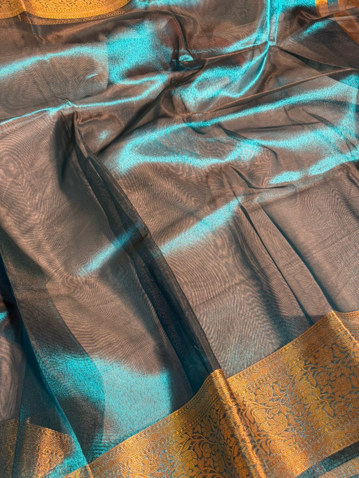 Metallic Blue Premium Banarasi Tissue Silk Saree with Traditional Weave Borders