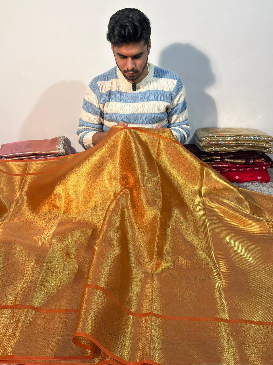 Metallic Orange Premium Kanjivaram Brocade Tissue Silk Banarasi Saree