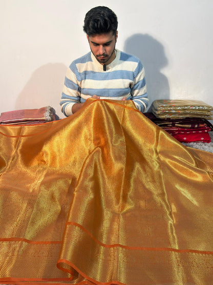 Metallic Orange Premium Kanjivaram Brocade Tissue Silk Banarasi Saree