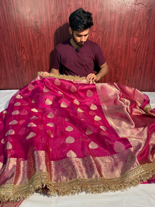 Rani Pink Maharani Tissue Silk Saree with Premium Lace Work