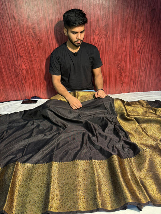 Black Kaath Bandh Chiniya Silk Saree with Traditional Border