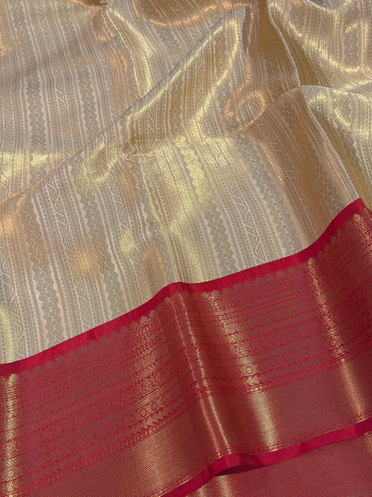 Cream with Red Premium Kanjivaram Brocade Tissue Silk Banarasi Saree