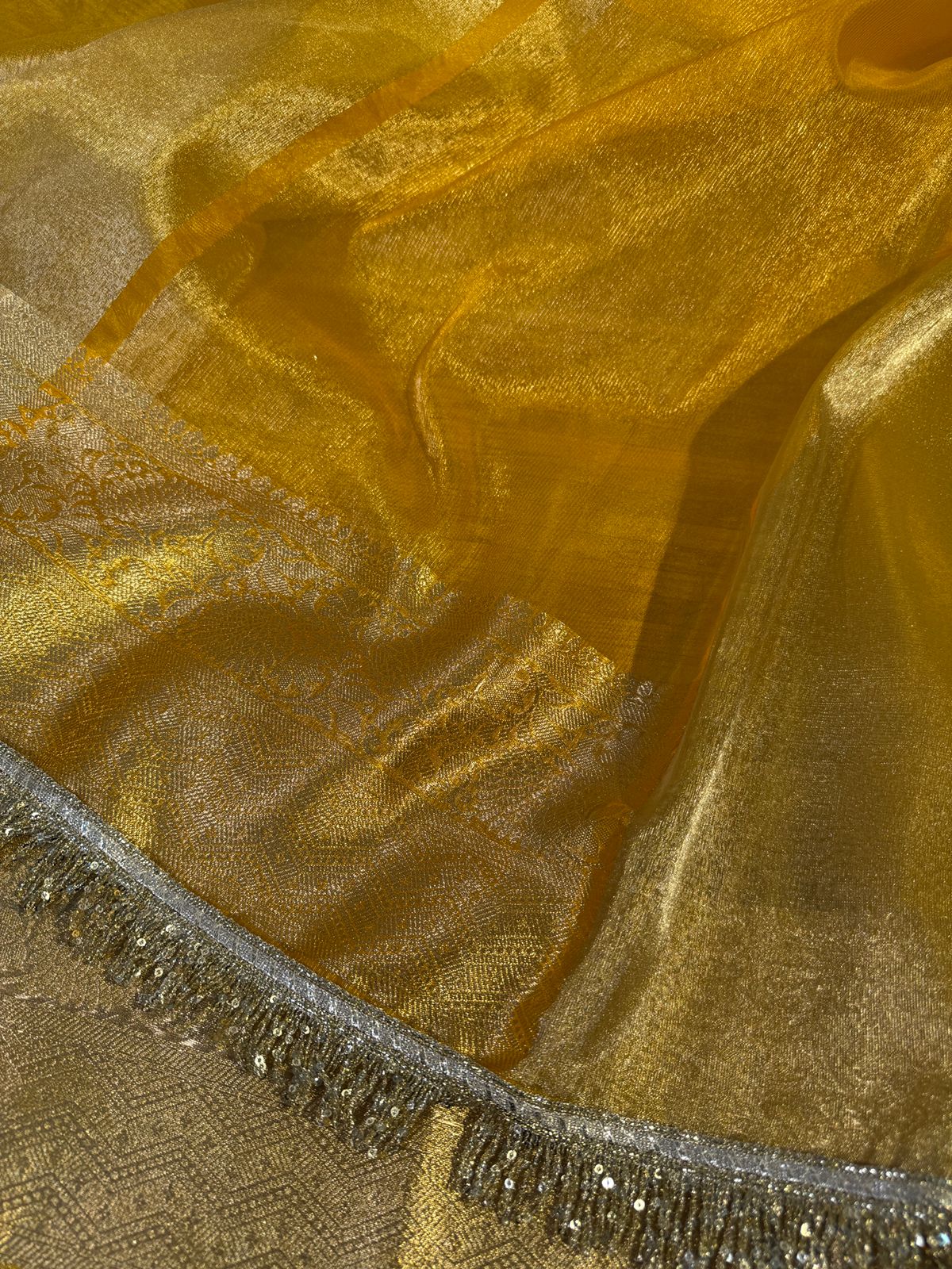 Jahnvi Kapoor Inspired Metallic Gold Tissue Silk Banarasi Saree with Premium Lace Work