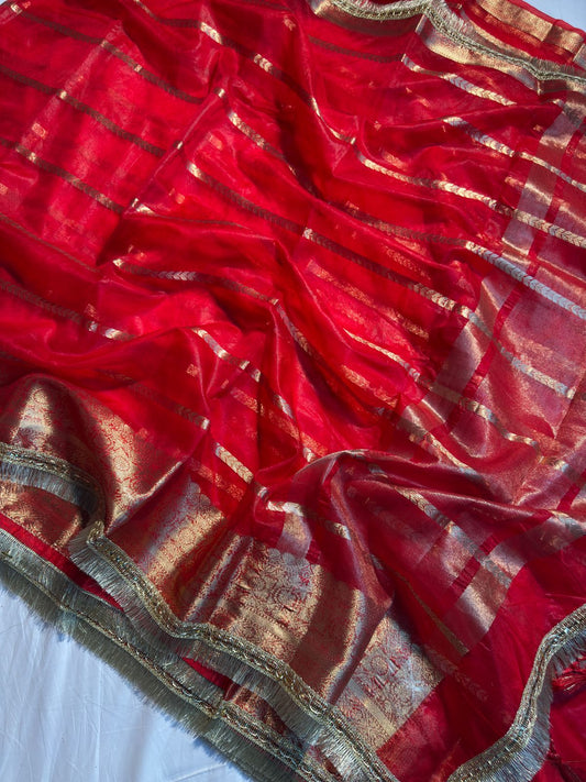 Bridal Red Organza Silk Banarasi Saree with Premium Lace
