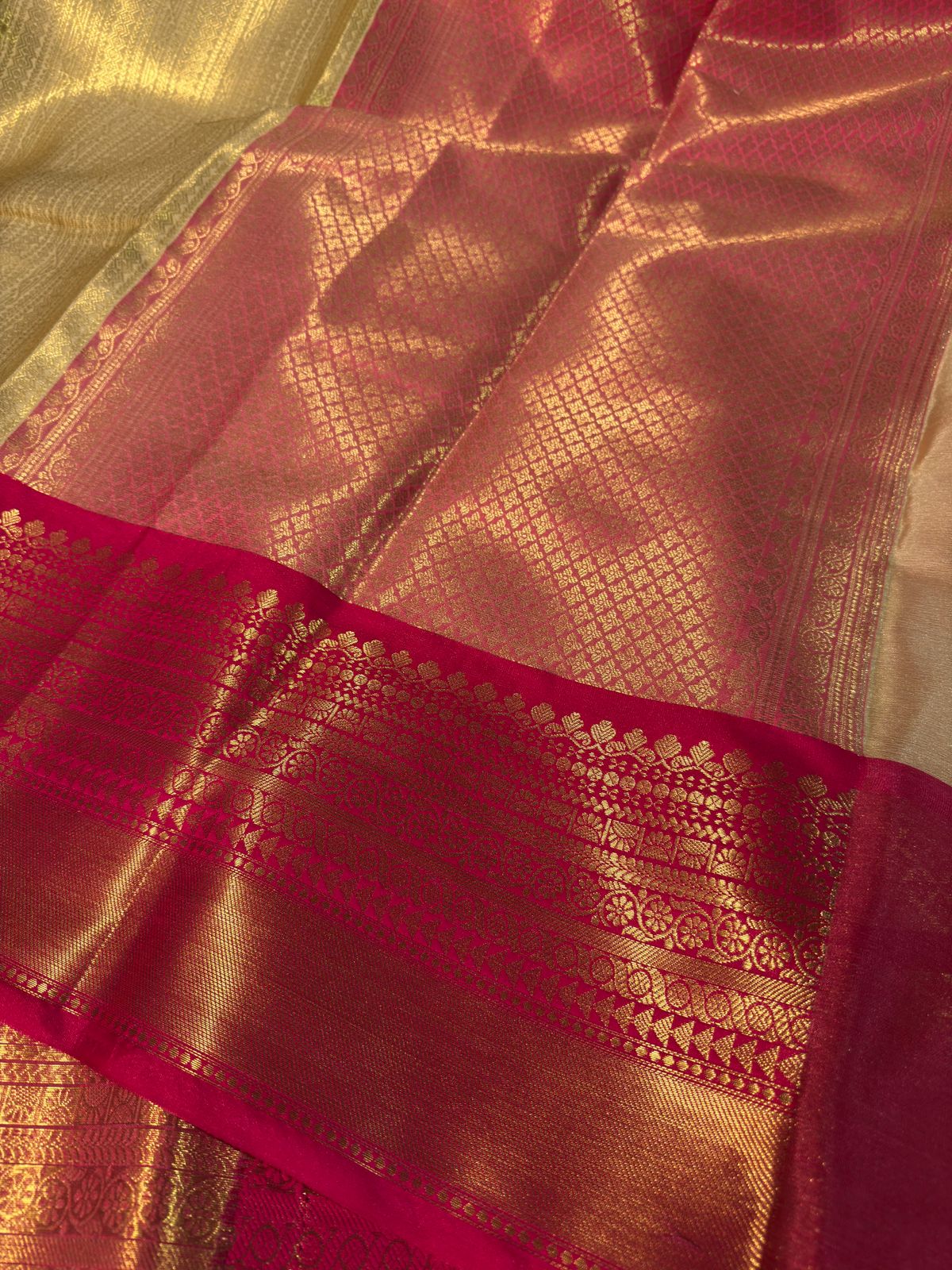 Cream with Pink Premium Kanjivaram Brocade Tissue Silk Banarasi Saree