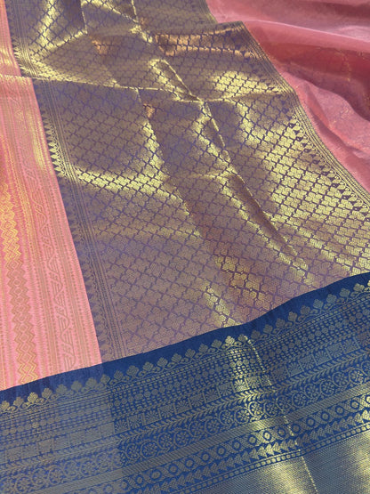 Pink with Blue Premium Kanjivaram Brocade Tissue Silk Banarasi Saree