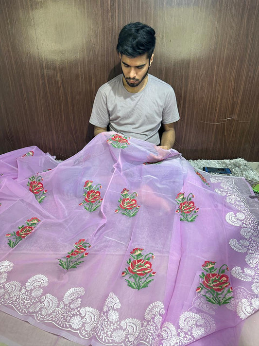 Pastel Lavender Designer Chikankari Organza Banarasi Saree