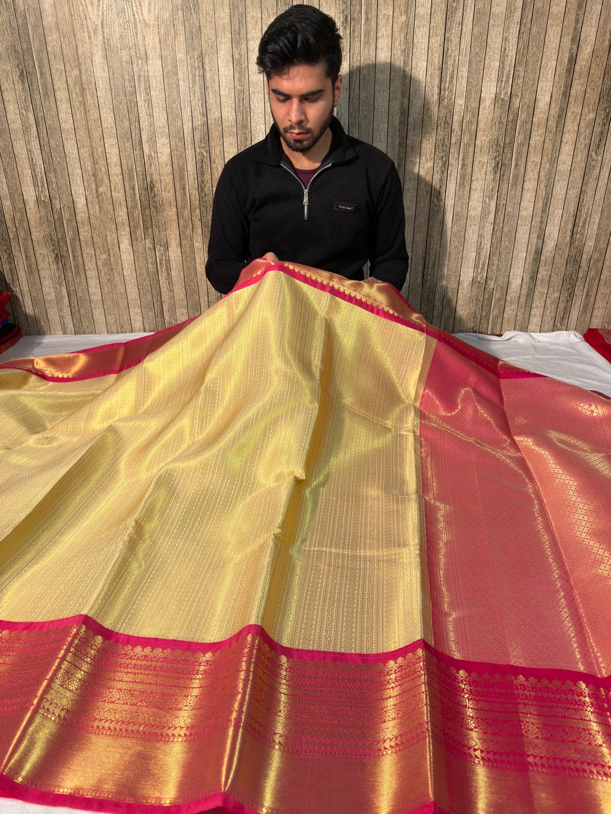 Cream with Pink Premium Kanjivaram Brocade Tissue Silk Banarasi Saree