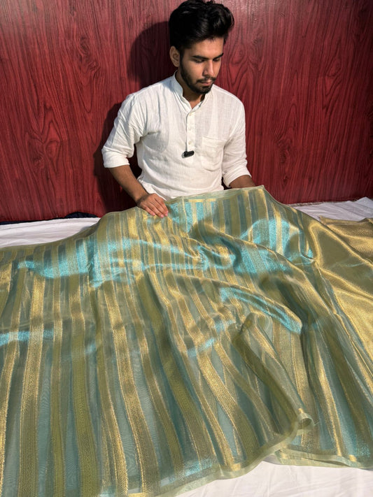 Metallic Blue Handloom Inspired Tissue Silk Designer Saree